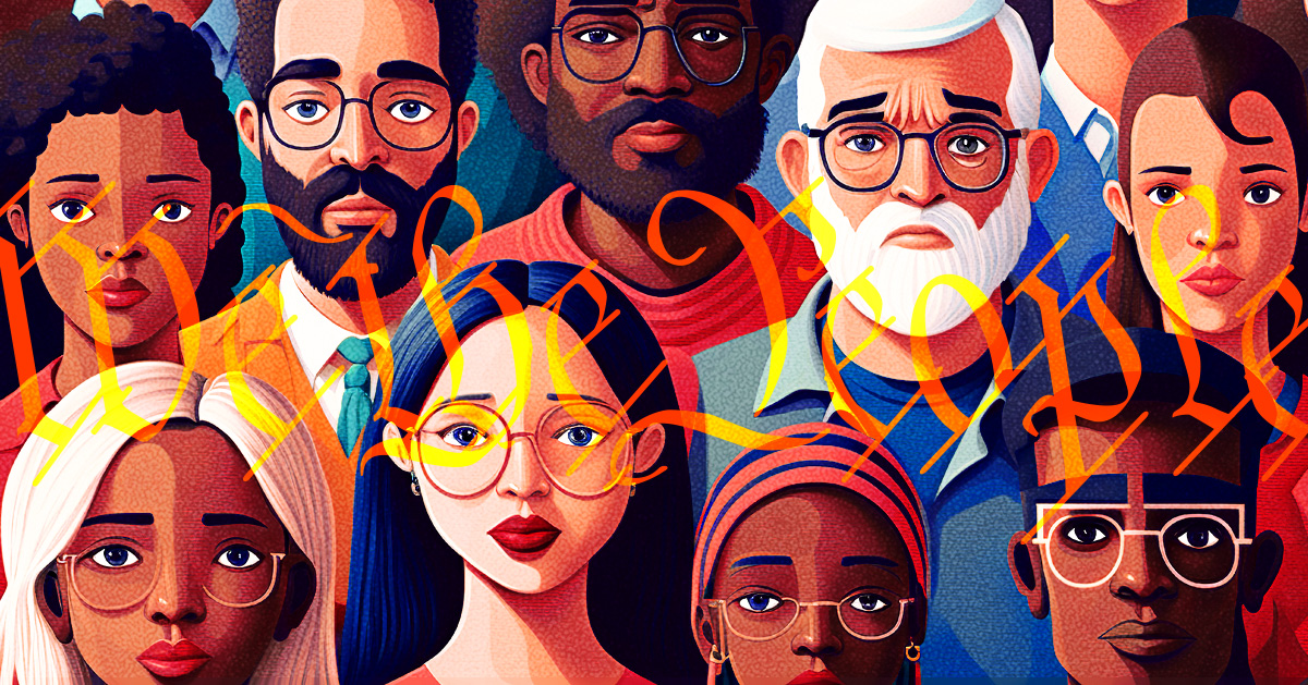 Illustration of diverse people of various ethnicities with We the People overlayed on their faces.